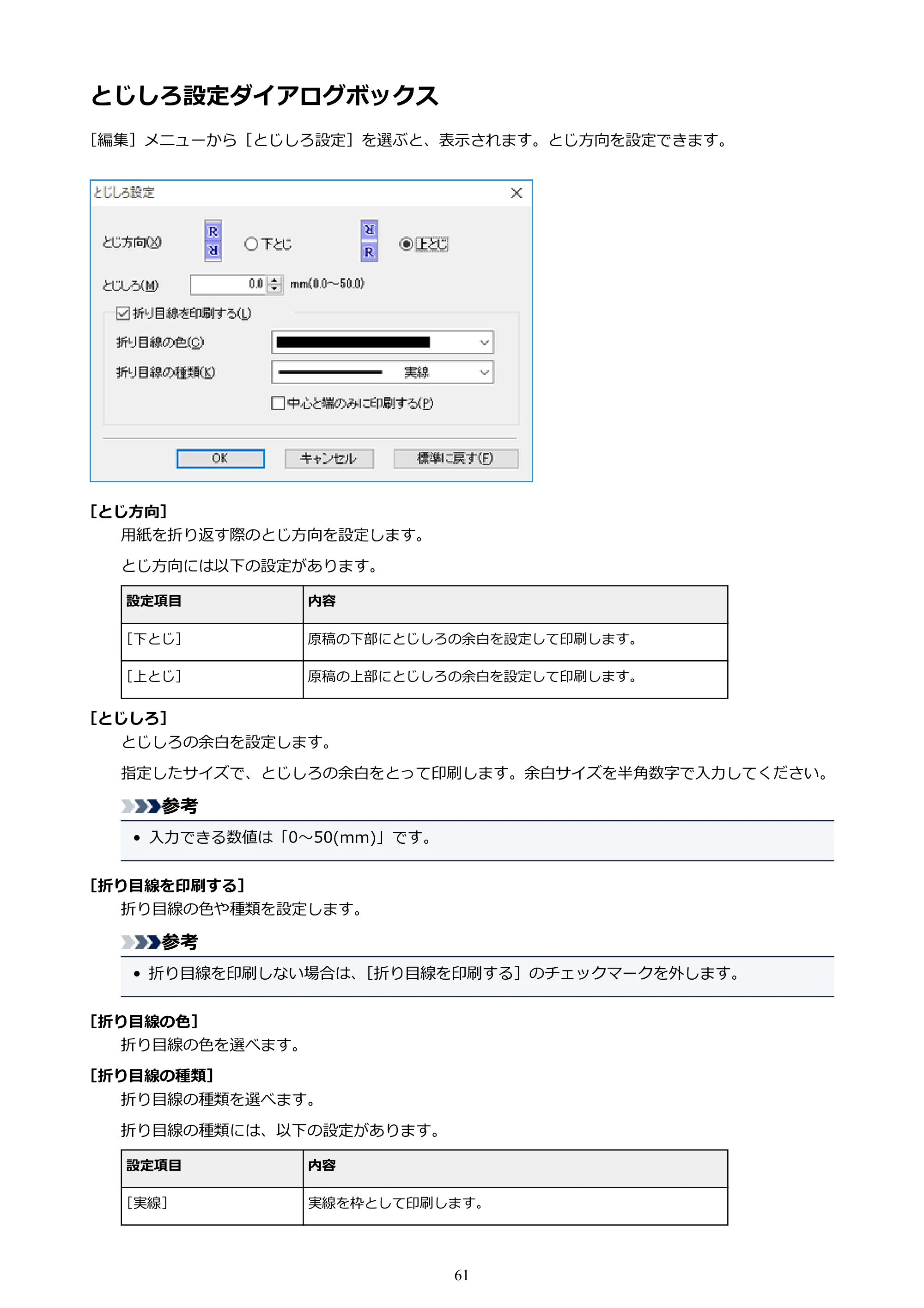 キヤノン PRO-1000 / PRO-2000 / PRO-4000 Free Layout ガイド(Windows版)2019年10月9日掲載(PDF:3.64MB) — とじしろ設定ダイアログボックス — 原本ページ — 61ページ